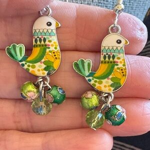 Hand Crafted Cloisonné and Crystal Bird Earrings